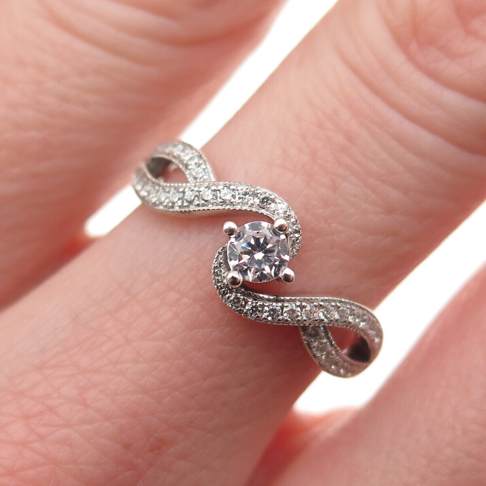 925 Sterling Silver Round-Cut C Z Wavy Engagement Ring Size 6.5